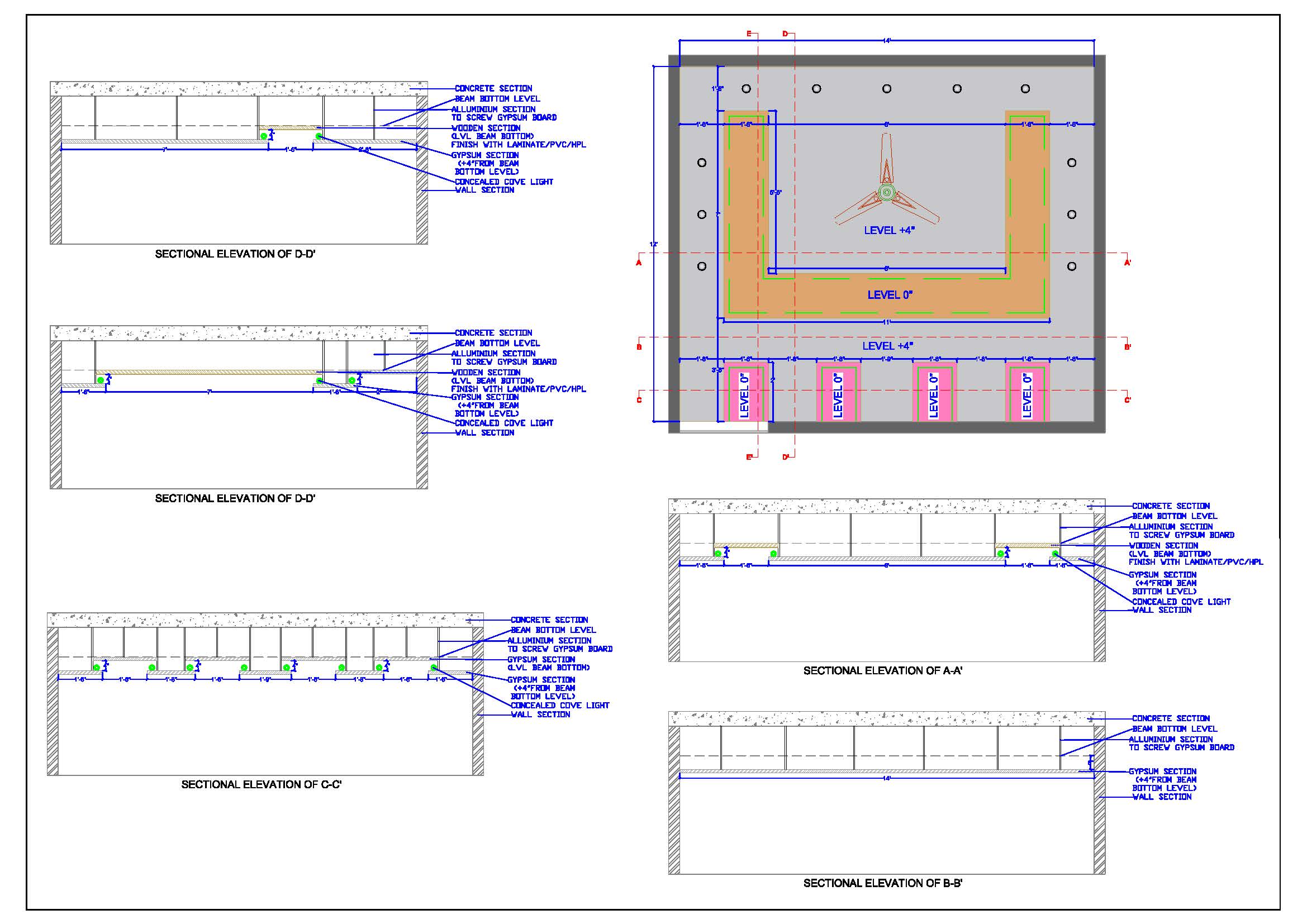 POP and Wooden False Ceiling Plan and Elevation CAD (14'x12')